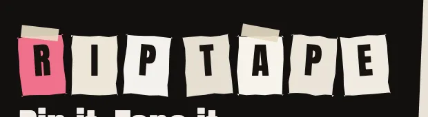 RipTape 피처 그래픽. 찢은 종이 조각마다 글자가 하나씩 얹혀 RIP TAPE 워드마크를 이루고 있다.